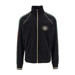 GUCCI LOGO APPLIQUED STRIPED TECH-JERSEY TRACK JACKET IN BLACK - GCJ017