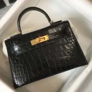 Hermes Kelly Mini II Bag In Black Embossed Crocodile Leather - HW129