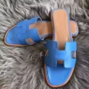 HERMES ORAN SLIDE SANDALS IN BLUE SWIFT CALFSKIN - HMSD124