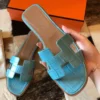 HERMES ORAN SLIDE SANDALS IN CELESTE SHINY NILOTICUS CROCODILE SKIN - HMSD048