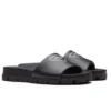 PRADA BLACK LEATHER SLIDES WITH PRINTED TRIANGLE LOGO - PSD088