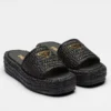 PRADA CROCHET FLATFORM SLIDES IN BLACK RAFFIA-EFFECT YARN - PSD069