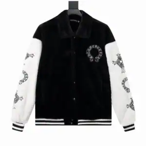 Chrome Hearts Cross Embroidered Letter Leather Sleeve Patchwork Baseball Jacket (Black and White) - CHC007