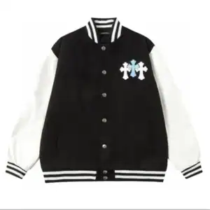 Chrome Hearts Embroidered Blue and White Cross Baseball Jacket (Black and White) - CHC005