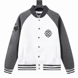 Chrome Hearts Embroidered Letter Wool Patchwork Baseball Jacket Gray and White - CHC002