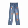 Chrome Hearts Orange and White Cross-patterned Jeans with Sanskrit on the Back - CHJ012